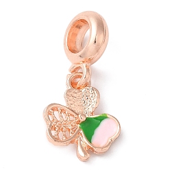 Розовое Золото Покрытие стойки, сплав зеленой и розовой эмали, европейские подвески с подвесками, подвески в виде клевера с большими отверстиями, без кадмия, без никеля и без свинца, розовое золото , 24 мм, отверстие : 5 мм