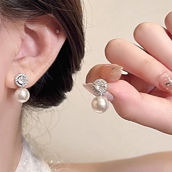 Flat Round Alloy Stud Earring, with Sterling Silver Pin, Plastic Bead and Rhinestone, Platinum, Flat Round, 22mm