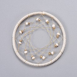 Beige Iron Woven Net/Web Pendants, with Nylon Cord, Polyester Thread and Seed Beads, For Woven Net/Web with Feather Making, Beige, 46x2~3mm