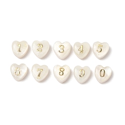 Seashell Color 10Pcs 10 Styles Natural Shell Beads, Heart with Number 0~9, with Gold Epoxy Resin, Seashell Color, 8.5x8x4mm, Hole: 0.8mm, about 1pc/style