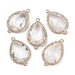 Хрусталь Натуральный кварцевый кристалл ограненные каплевидные звенья, стойка покрытие латунь микропаве прозрачный кубический цирконий горный хрусталь соединительные подвески, золотые, 26x16.5x6 мм, отверстия : 1.6 mm и 1.4 мм