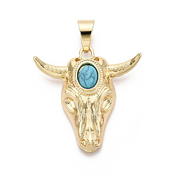 Настоящее золото 18K Подвески из латуни и синтетической бирюзы, поголовье крупного рогатого скота, реальный 18 k позолоченный, 36x35.5x8~8.5 мм, отверстие : 9.5x6 мм