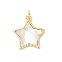 Звезда Подвески из латуни с натуральными белыми ракушками, реальный 18 k позолоченный, с прыжковых колец, долговечный, без свинца и без кадмия, стойки покрытие, звезда, 19x17x2 мм, отверстие : 3 мм