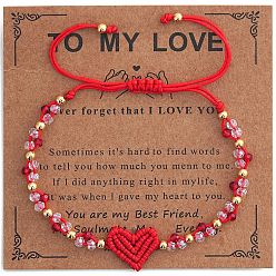 Красный Браслеты из плетеных бусин из латуни и стекла с круглыми бусинами ко Дню святого Валентина, регулируемые плетеные браслеты из нейлонового шнура для женщин, сердце, с бумажной карточкой, красные, 11.02 дюйм (28 см)