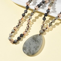 Labradorite Natural Labradorite Teardrop Pendant Glass Beaded Long Necklaces, 31.50 inch(80cm)