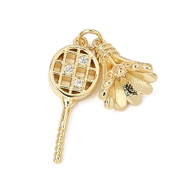 Clear Brass Micro Pave Cubic Zirconia Pendants, Badminton with Racket Charms, Rack Plating, Long-Lasting Plated, Cadmium Free & Lead Free, Real 18K Gold Plated, Clear, 28x10.5x3mm, Hole: 4mm