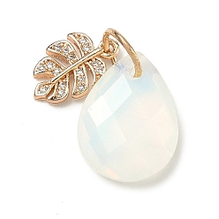 Опал Opalite подвески, Граненые подвески Teardorp с листочком из латунных хрустальных страз., золотой свет, 18x13.5x6 мм, лист: 13.5x8.5x2 мм, Перейти кольцо: 8x0.8 мм, внутренний диаметр: 5.8 мм