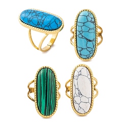 Настоящее золото 18K Ионное покрытие (ip) овальные 304 открытые манжетные кольца из нержавеющей стали, женские кольца с синтетической бирюзой и малахитом, реальный 18 k позолоченный, регулируемый