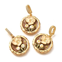Плоский Круглый Подвески из латуни с микропаве из циркония, с эмалью и натуральным жемчугом, реальный 18 k позолоченный, стойки покрытие, без свинца и без кадмия, плоско-круглые, 22.5x21.5x8 мм, отверстие : 6.5x4 мм
