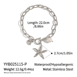 Stainless Steel Color 304 Stainless Steel Ocean Holiday Starfish Shell Shape Charm Bracelets with Natural Freshwater Pearl, White, Stainless Steel Color, 8.66 inch(22cm)