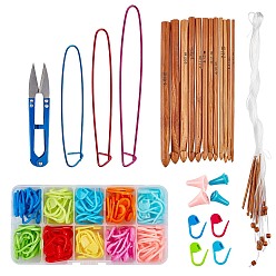Mixed Color DIY Knit Kit, with Plastic DIY Weaving Tool Knitting Needle Caps & Stitch Needle Clip, Aluminum Stitch Holder, Iron Scissors, Circular Knitting Needles, Bamboo Knitting Needles Set, Mixed Color, 200x30mm