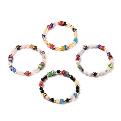Mixed Color Stretch Beaded Bracelets, with Cube Millefiori Glass Beads, Round Natural Gemstone Beads and Brass Beads, Mixed Color, Inner Diameter: 2-1/4 inch(5.6cm)