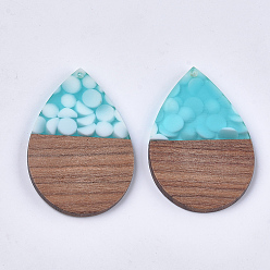 Sky Blue Resin & Walnut Wood Pendants, Teardrop, Sky Blue, 47.5~48x31.5x3mm, Hole: 2mm
