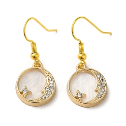 Golden Moon & Star Alloy Rhinestone Dangle Earrings, Natural Shell Drop Earrings, Golden, 33x14mm