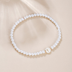 Letter I Пластиковые жемчужные круглые бусины эластичные браслеты для женщин, буквы, белые, золотые, Буква "i", 7-1/4~7-1/2 дюйм (18.5~19 см)