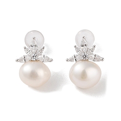 Цветок Серьги-гвоздики из стерлингового серебра с защитой от потускнения, с натуральным жемчугом и фианитом, украшения для женщин, цветок, 14x10.5 мм