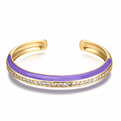 Dark Orchid Brass Micro Pave Clear Cubic Zirconia Cuff Bangles, with Enamel, Nickel Free, Real 16K Gold Plated, Dark Orchid, Inner Diameter: 2-3/8 x1-7/8 inch(5.9x4.7cm)