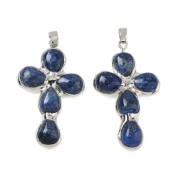 Lapis Lazuli Dyed Natural Lapis Lazuli Pendants, Cross Charms, with Platinum Tone Brass Findings, 38~41x22.5~23.5x5.5~6mm, Hole: 5.5x3.5mm