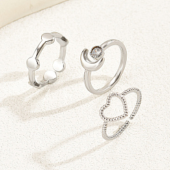 Silver 3Pcs 3 Style Cubic Zirconia Solitaire Rings, Cuff Rings Sets, Moon & Heart Brass Stackable Rings, Silver, Inner Diameter: 14~17mm, 1Pc/style