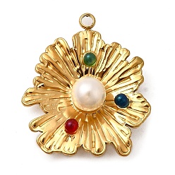 Настоящее золото 18K 304 из нержавеющей стали стеклянные подвески, цветочный шарм, с абс пластмассовой имитационной жемчужиной, ионное покрытие (ip), реальный 18 k позолоченный, 33.5x28.5x9 мм, отверстие : 2.5 мм