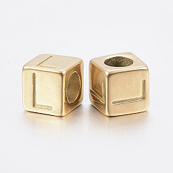 Golden 304 Stainless Steel Large Hole Letter European Beads, Horizontal Hole, Cube with Letter.L, Golden, 8x8x8mm, Hole: 5mm