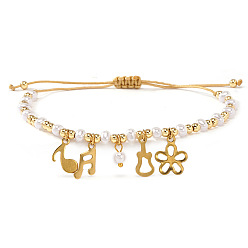 Золотой 304 из нержавеющей стали шарм браслеты, Регулируемые браслеты для женщин из латуни и пластика с круглыми бусинами, имитирующими жемчуг., музыкальная нота, гитары и цветок, золотые, 11.02 дюйм (28 см)