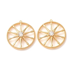 Chapado en Oro Real 18K Latón con colgantes de diamantes de imitación de cristal, redondo plano con encantos de estrellas, real 18 k chapado en oro, 18.5x17x3.5 mm, agujero: 0.7 mm