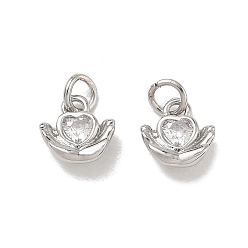 Platinum Brass Pave Clear Cubic Zirconia Charms, Heart with Hands Charms, Rack Plating, Long-Lasting Plated, Cadmium Free & Lead Free, Platinum, 9.5x9.5x3.7mm, Hole: 3mm