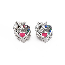 Tief rosa Gestell Legierung Emaille europäischen Perlen, mit bunten Strass, Großloch perlen, Cadmiumfrei und Nickel frei und Bleifrei, Herz, Platin Farbe, tief rosa, 11x10x10 mm, Bohrung: 5 mm