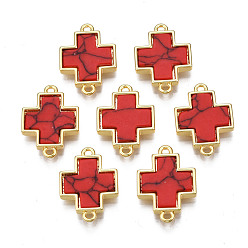 Красный Подвески из латуни, с синтетическими бирюзовый, без кадмия, без никеля и без свинца, реальный 18 k позолоченный, крестик, красные, 17.5x12.5x2.5 мм, отверстие : 1.2 мм