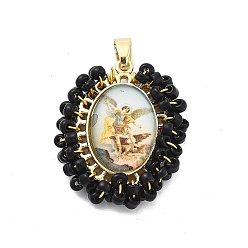 Черный Стойки обшивки латунные прелести, без свинца и без кадмия, долговечный, овал с амулетами Девы Марии, чёрные, 31x25.5x6 мм, отверстие : 6x3.5 мм