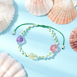 Зелено-Желтый Регулируемые браслеты из нейлонового шнура с плетеными бусинами, браслеты из стеклянных бусин-ракушек для женщин, со стеклянными бисеринами, зеленый желтый, внутренний диаметр: 1-7/8~3-3/8 дюйм (4.8~8.6 см)