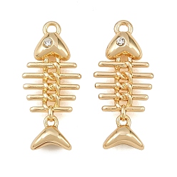 Oro Colgantes de diamantes de imitación de aleación de chapado en rack, amuletos de espina de pescado, dorado, 25.5x11.5x5.5 mm, agujero: 1.6 mm
