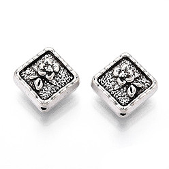 Античное Серебро Сплавочные овальные бусины тибетского стиля , ромб и цветок, античное серебро, 15.5x16x7 мм, отверстие : 1.2 мм