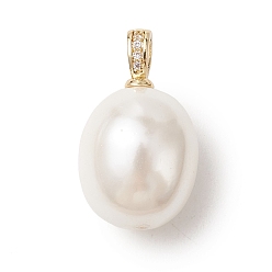 Золотой Оболочки жемчужина подвески, Овальные подвески с латунными микропаве из прозрачных кубических цирконий в качестве застежек., белые, золотые, 23x14 мм, отверстие : 3.5x2 мм