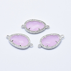 Бледно-Розовый Латунные микро проложить кубических ссылки циркония, со стеклом, граненые, слеза, платина, розовый жемчуг, 28x16x4.5 мм, отверстие : 1.6 мм