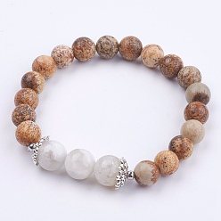 Picture Jasper Natural Picture Jasper Stretch Bracelets, with Natural Moonstone, Alloy Findings, Round, 2 inch(50mm)