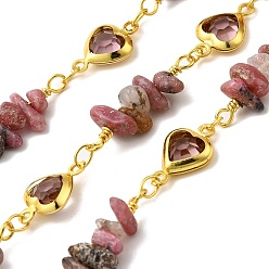 Родонит Латунные соединительные цепи ручной работы, с драгоценными камнями и стеклянными бусинами и катушкой, долговечный, пайки, без свинца и без кадмия, золотые, сердце ссылки: 12.5x7.5x3мм