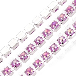 Flor de Orquídea Cadenas de tenis de imitación de perlas de hierro y plástico ABS, plaza, arco iris chapado, con carrete, plata, orquídea, 2x2x2 mm, sobre 10 yardas / rodillo
