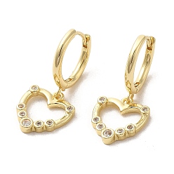 Golden Rack Plating Brass Micro Pave Cubic Zirconia Dangle Hoop Earrings, Heart, Golden, 27x12mm