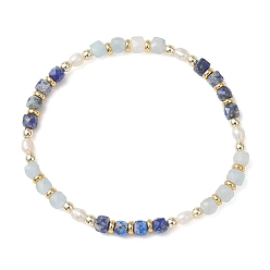 Ляпис-Лазурь Эластичные браслеты из натуральных аквамаринов и натурального лазурита в форме кубиков для женщин., с гальваническим покрытием из немагнитного синтетического гематита и бусинами из натурального культивированного пресноводного жемчуга., внутренний диаметр: 2.13 дюйм (5.4 см)