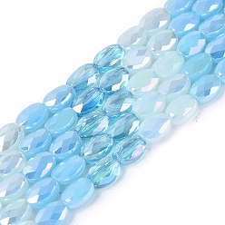 Светло-Голубой Нити из гальванически покрытых искусственным нефритом и непрозрачных и прозрачных стеклянных бусин, смешанный стиль, овальные, с покрытием AB цвета, граненые, Небесно-голубой, 5.5~6x4.5x3 мм, отверстие : 0.6~0.9 мм, около 56~63 шт / нитка, 13.58~15.55 дюйм (34.5~39.5 см)