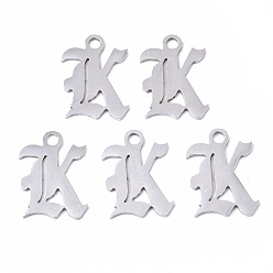 Letter K Устойчивые к потускнению 201 подвески из нержавеющей стали, лазерная резка, старый английский, алфавит, цвет нержавеющей стали, letter.k, 18x13x1 мм, отверстие : 2 мм