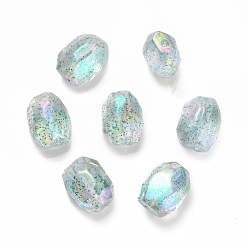 Blue UV Plating Rainbow Iridescent Acrylic Beads, with Glitter Powder, Oval, Blue, 21x16x13mm, Hole: 3mm
