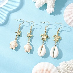 Золотой 2 Парные серьги-подвески из нержавеющей стали и натуральной ракушки, с синтетическими бирюзовый, форма панциря и черепаха, золотые, 57~64x14~15 мм