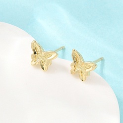 Butterfly Brass Stud Earrings, Cadmium Free & Lead Free, Long-Lasting Plated, Rack Plating, Real 18K Gold Plated, Butterfly, 6x8mm