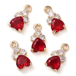 Светло-сиамский K 9 стеклянные подвески, с фурнитурой из латуни светло-золотистого цвета и стразами, сердце прелести, Light Siam, 13x7x4 мм, отверстие : 1.2 мм