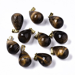 Tiger Eye Natural Tiger Eye Pendants, with Golden Plated Brass Snap On Bails, Teardrop, 23~24x15mm, Hole: 7.5x3mm