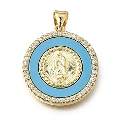 Light Sky Blue Easter Brass Clear Cubic Zirconia & Acrylic Pendants, Flat Round with Virgin Mary Pattern Charms, Real 16K Gold Plated, Light Sky Blue, 21.5x20x3mm, Hole: 4x3mm