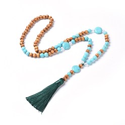 Synthetic Turquoise Polyester Tassel Pendant Necklaces, with Synthetic Turquoise &  Natural Agate Beads and Dyed Wood Beads, 27.9~29.1 inch(71~74cm)